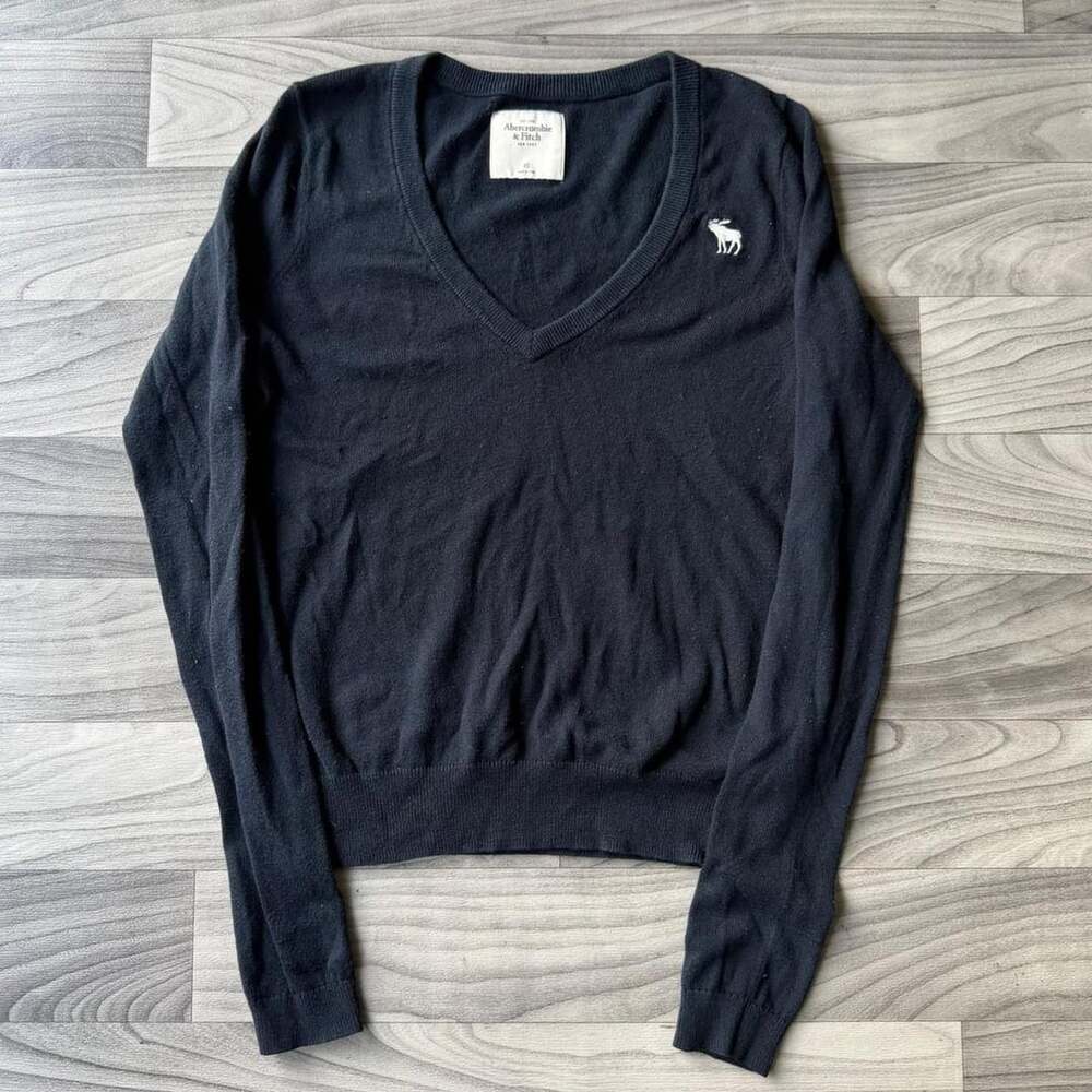 Abercrombie & Fitch V-Neck Sweater Size XS Navy Blue Moose Logo